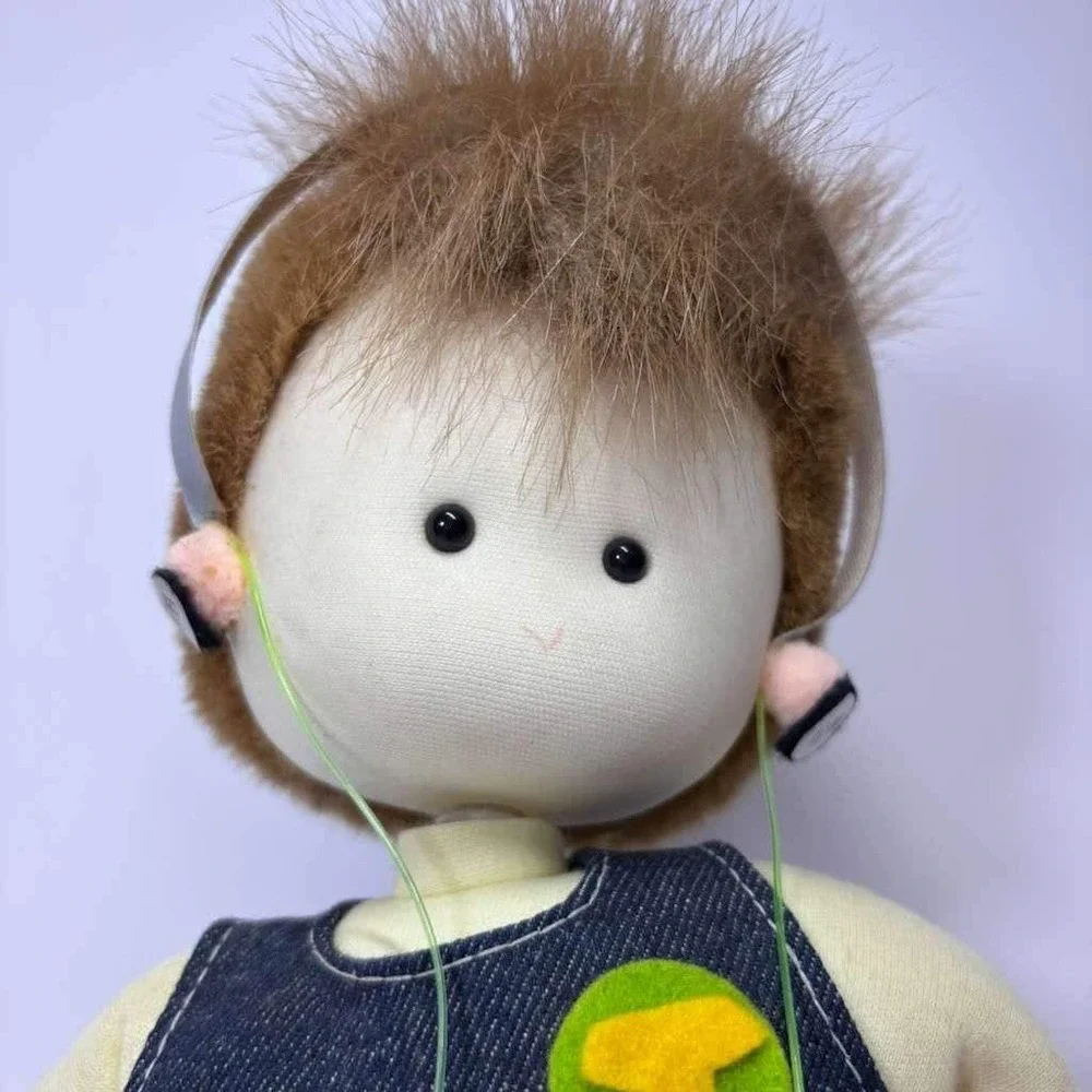 Vintage‎ Wind Up Irish Musical Moving Boy Doll Mohawk Hairdo Walkman & Earphones